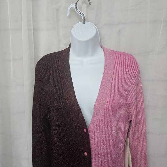 Cocobleu Cardigan Dress Pink Burgundy Metallic Ribbed Knit Colorblock L NWT - Picture 2 of 11